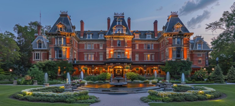 grand victorian mansion with fountain