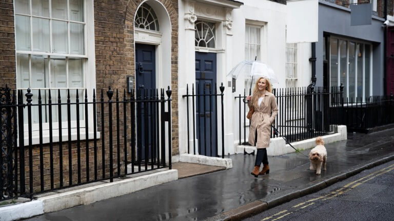 woman walking her dog by London streets while it rains text